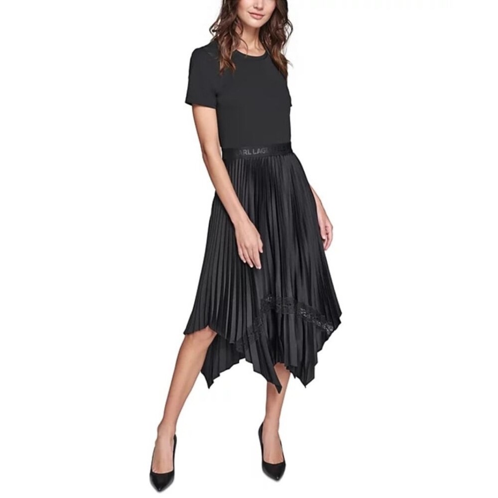 KARL LAGERFELD PARIS Mixed-Media Pleated Midi Dress Black Pullover Size XL